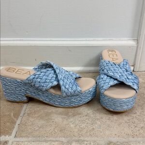 Blue Woven Raffia Platform Sandals